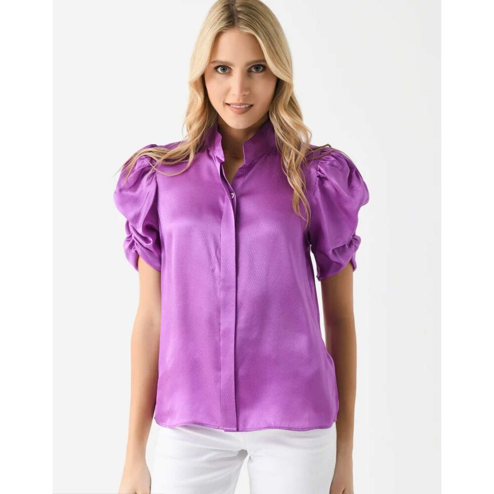 FRAME Womens Puff Sleeve Blouse Top Size S Purple Orchid Mock Neck Ruched NWT